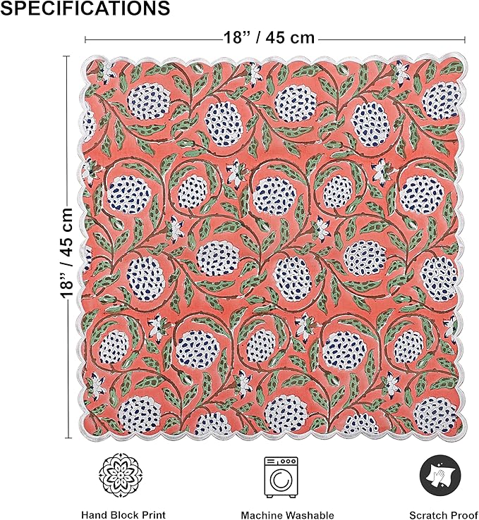 Ridhi Dark Salmon Pink Hand Block Print Napkins 18" x 18" Set of 4 Reusable Cotton Dinner Napkins for Weddings, Parties & Everyday Dining, Thanksgiving, Christmas, Fall