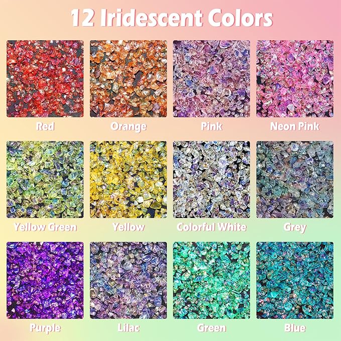 Matio 12 Colors Iridescent Crushed Glass, Irregular Chunky Glitter, Sprinkle Chips for Resin Epoxy Jewelry DIY, Shattered Glass Crystal Flakes Sequins for Nail Art Makeup Decoration Vase Filler