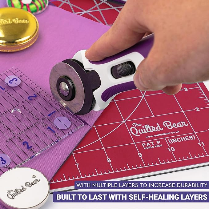The Quilted Bear Rotating Cutting Mat 18" x 18" - Square 360° Rotating Self Healing Mat with Innovative Locking Mechanism for Quilting & Sewing Your Choice of Colours Available! (Pink)