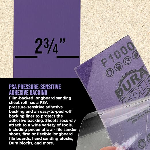 Dura-Gold Premium 1000 Grit PSA Purple Film Ceramic Longboard Sandpaper, 2-3/4" Wide Continuous 20 Yard Roll - Self Adhesive Stickyback for Auto & Wood Air File Long Board Sanders, Hand Sanding Blocks