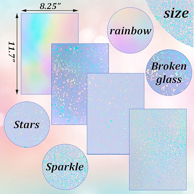 36 Sheets Holographic Sticker Paper 8.5" x11'' Waterproof Clear Vinyl Sticker Sheets Self-Adhesive Rainbow Overlay Sheets with 4 Styles Mixed