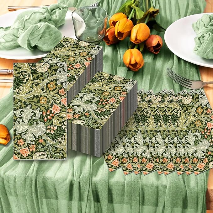 80PCS Vintage Floral Paper Napkins - 4.5x8 Inch Disposable Vintage Floral Guest Napkins, Green Retro Plants Wildflower Lunch Dinner Hand Napkins for Wedding,Tea Garden Party, Party, Bridal Shower