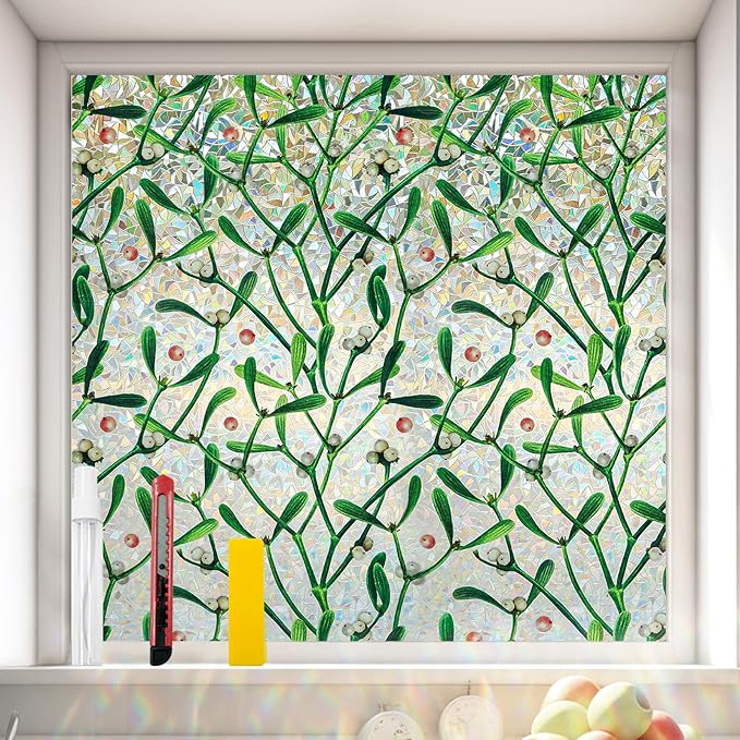 Window Privacy Film Stain Glass Window Film Rainbow Window Film Window clings Non-Adhesive Reusable Decorative for Room (Mistletoe Rainbow, 23.6 x 78.7 in)