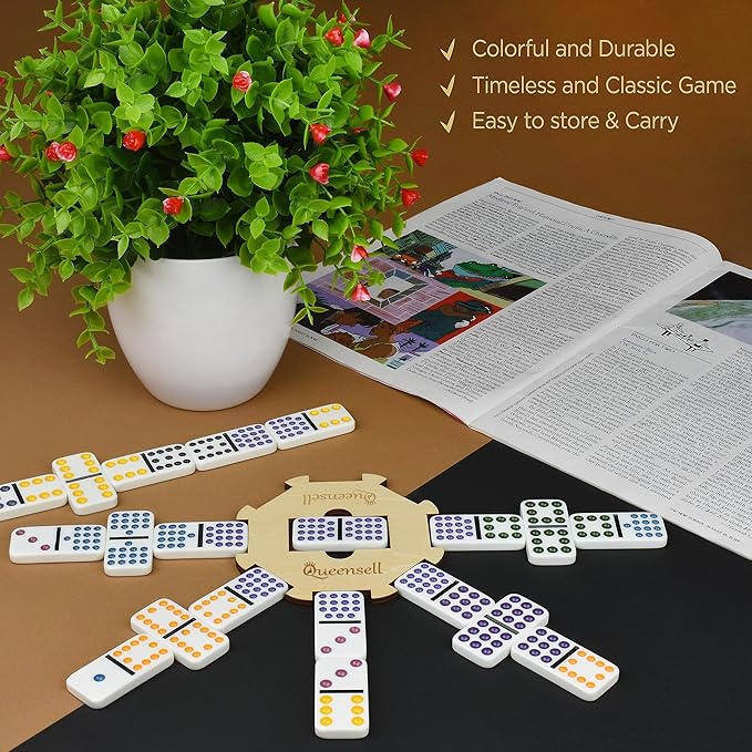 Queensell Mexican Train Dominoes - 136 Colored Dot Double 15s, 9 Trains, Wooden Hub, Aluminum Case