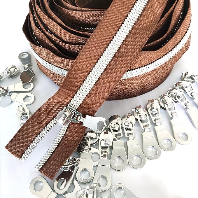 Leekayer #5 Metallic Silver Nylon Coil Zippers by The Yard Bulk 10 Yards Brown Zipper Tape with 25pcs Silver Sliders for DIY Sewing Tailor Craft Bag(Brown)