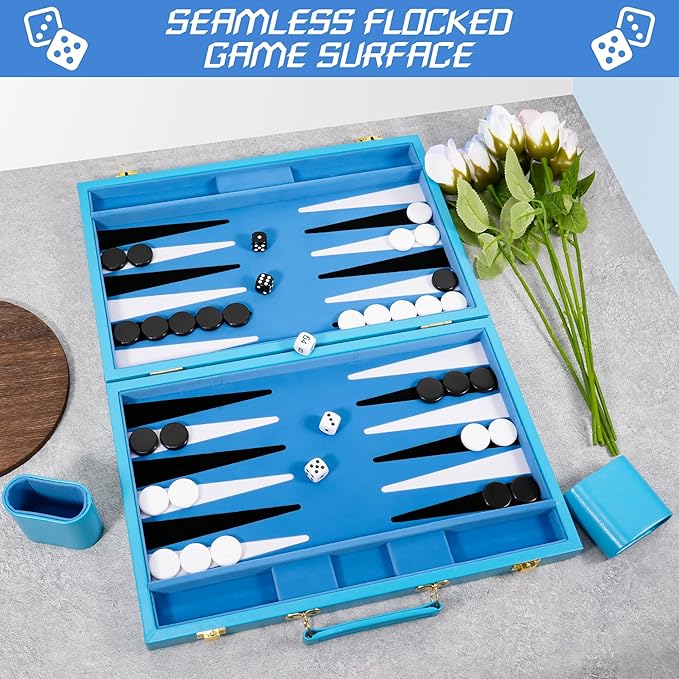 Froggod Travel Backgammon Sets for Adults – 15 Inch Premium Backgammon Set – PU Leather Case with Seamless Flocked Game Surface – Classic Board Games for 2 Player and Gift for Men(Light Blue)