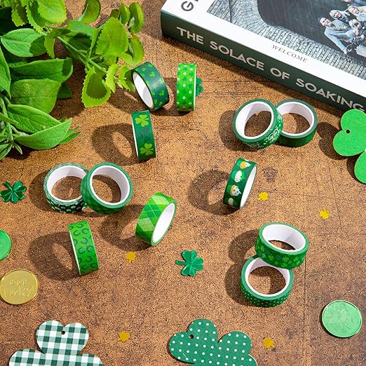 Whaline 12 Rolls St. Patrick's Day Washi Tape Green Shamrock Washi Masking Tape 15mm Clover Plaids Lucky Holiday Paper Tape Sticker for Irish Party Scrapbook Gift Packing DIY Craft Decor, 16.4Ft