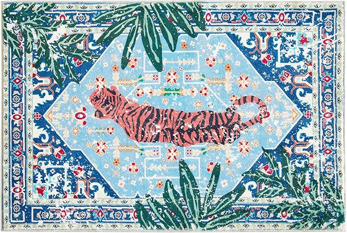 Washable Blue Rugs Thin Oriental Boho Vintage Tropical Jungle 6x9 Area Rugs for Bedroom Kitchen Dining Living Room Office Distressed Indoor Plant Entry Carpet