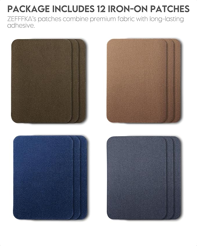 ZEFFFKA Premium Quality Fabric Iron-on Patches Inside & Outside Strongest Glue 100% Cotton Deep Blue Khaki Gray Brown Repair Decorating Kit 12 Pieces Size 3" by 4-1/4" (7.5 cm x 10.5 cm)
