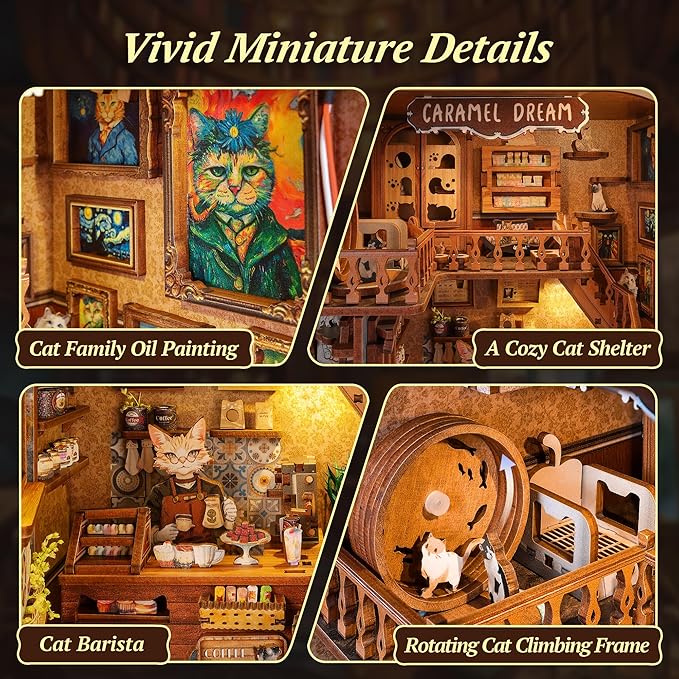 3D Wood Puzzle Book Nook Kit, Caramel Dream Cat Café Bookshelf Insert with LED Lights, DIY Miniature Bookend Décor for Display, Cozy Craft Gift for Cat Lovers and Teens (Caramel Dream)