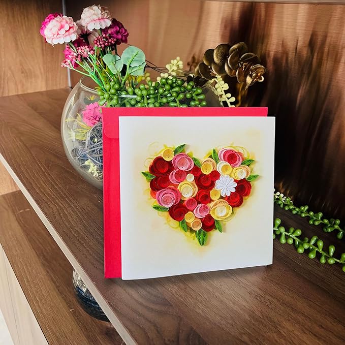 Quilling Cards, handmade card, quilled cards with Handmade Art Quilling birthday card for women, Birthday card, mother... colorful heart design (Flowers Heart 3)