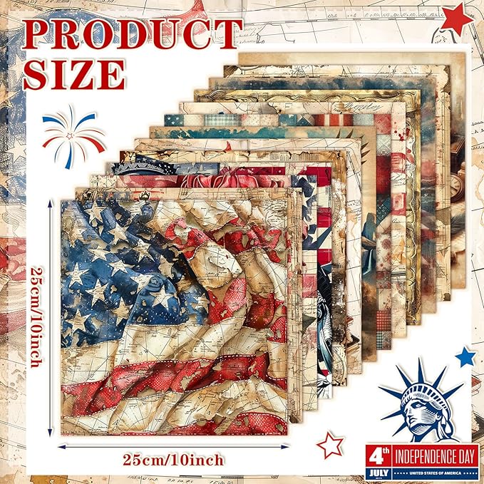 Ganeen 60 Pcs 10 x 10 Inch Vintage Patriotic Quilting Fabric Squares American Flag Fabric Bundle Retro 4th of July Fat Patchwork Precut Stripes for Memorial Day Handmade Material Sewing DIY Crafts