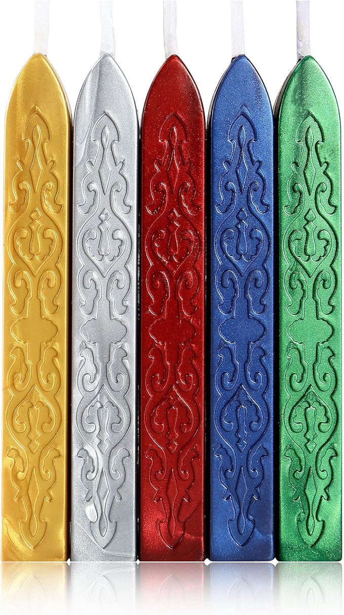 Yoption 5 Colors Sealing Wax Sticks, Vintage Totem Fire Manuscript Wax Seal Sticks with Wicks for Wax Seal Stamp (Gold+Silve+Red+Green+Blue)