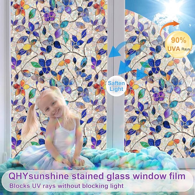 Stained Glass Window Privacy Film Decorative Rainbow Static Clings – Ideal for Home & Office, Adhesive-Free, Removable, UV-Blocking(Purple Rainbow, 23.6 X 78.7 in)