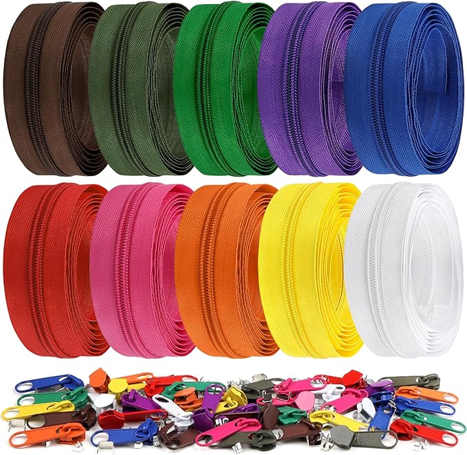 DOITEM 22.2 Yards Zippers 10 Pieces Assorted Colors #5 Nylon Coil Zipper, Sewing Zippers Endless Zips with 40 Pieces Zipper Sliders Zip Heads for DIY Sewing Tailor Craft Supplies