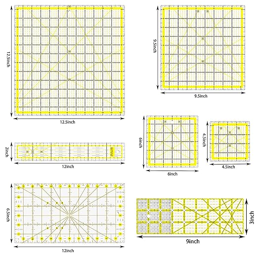 Quilting Rulers, 7 Piece Acrylic Ruler (12.5"X12.5", 9.5"X9.5", 6"X6", 4.5"X4.5",12"x6.5",9"x3",12"x2"), Sewing & Quilting Templates