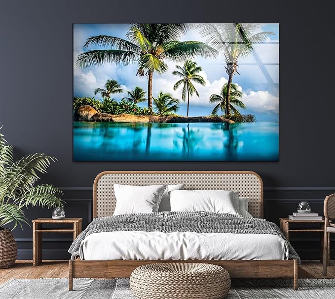 My Photostation.com Round 31,5'' Island & Blue Sea Glass Wall ArtTempered Glass Printing Wall Decor Large Wall Art Wall Hangings