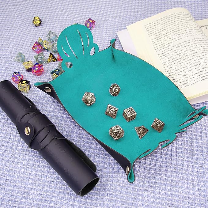 SIQUK 2 Pieces Octopus Dice Rolling Tray PU Leather Dice Mat Folding Scroll Dices Holder Trays for D&D RPG Games (Cyan, Black)
