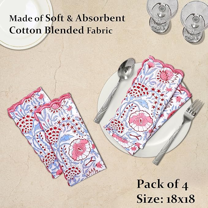 Ridhi Pigeon Blue Hand Block Print Napkins 18" x 18" Set of 4 Reusable Cotton Dinner Napkins for Weddings, Parties & Everyday Dining, Thanksgiving, Christmas, Fall