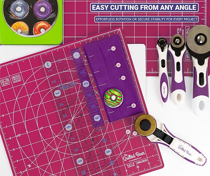 The Quilted Bear Rotating Cutting Mat 12" x 12" - Locking & Rotating Self Healing Cutting Board for Sewing, Fabric & Quilting - 360 Degree Sewing Supplies Mat for Craft Table (Pink)