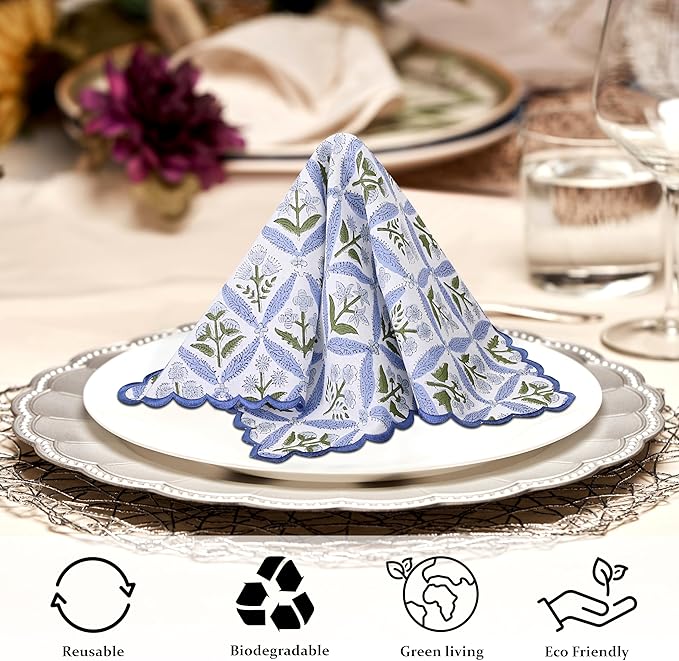 Ridhi Light Steel Blue Hand Block Print Napkins 18" x 18" Set of 4 Reusable Cotton Dinner Napkins for Weddings, Parties & Everyday Dining, Thanksgiving, Christmas, Fall
