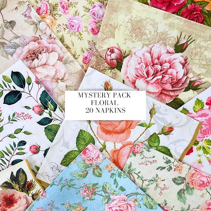 Keep Unique Mystery Pack Decoupage Paper Napkins, 20-ct Assorted Surprise Napkins, Decorative Napkins Floral for Art Craft Junk Journal, Scrapbooking, 20 Different Flower Designs
