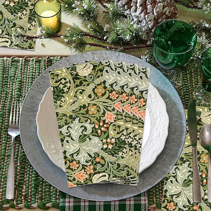 80PCS Vintage Floral Paper Napkins - 4.5x8 Inch Disposable Vintage Floral Guest Napkins, Green Retro Plants Wildflower Lunch Dinner Hand Napkins for Wedding,Tea Garden Party, Party, Bridal Shower