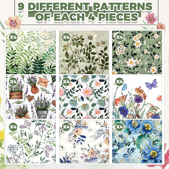 Crtiin 36 Pack 9 Styles Decoupage Napkins Assorted Floral Decorative Decoupage Napkins Chinoiserie Cocktail Paper for DIY Crafting Birthday Party, Each Unfolded 13 Inch(Fresh Plants)