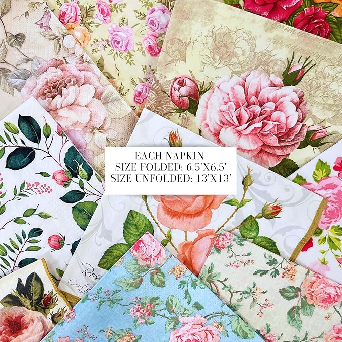 Mystery Pack Decoupage Paper Napkins, 20-ct Assorted Surprise Napkins, Decorative Napkins Roses Floral Flowers for Art Craft Junk Journal, 20 Different Designs