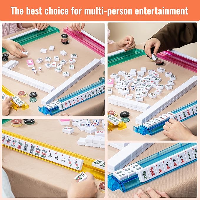 American Mahjong Tile Set,166 Premium White Tiles, 4 All-in-One Color Racks With Pushers, Mahjong Game Set With Large Capacity，Durable，Eco-Friendly Canvas Bag (Mah jongg Set，Mahjong Set Complete)