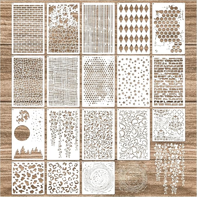 Cubist Mixed Media Layering Stencils for Painting on Wood, Texture Demask Leaf Tree Brick Striped Background Pattern Stencils for Crafts Wall Shoe Cards Canvas Furniture (Texture)
