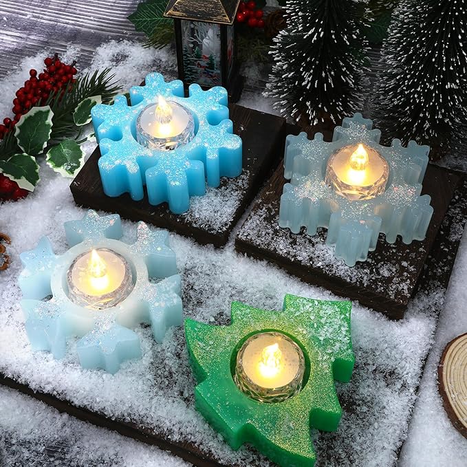 2PCS Christmas Resin Molds Christmas Tree Candle Holder Resin Molds Snowflake Silicone Resin Mold for Tea Lights Epoxy Resin Mold for Home Table Decorations Xmas Decor