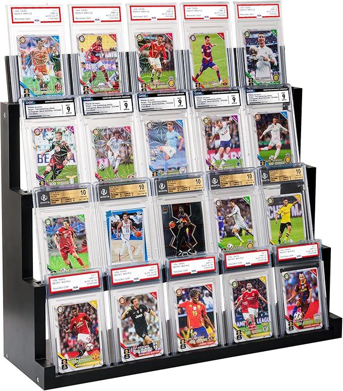 4-Tier Card Display Stand ,Wooden Trading Card Display Case for Graded Cards,Baseball Sports Card Display for PSA CGC SGC BGS Slabs