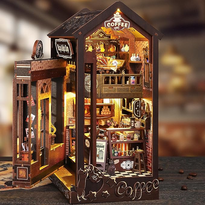 ISSEVE Book Nook Kit - DIY Miniature Dollhouse Booknook for Adults Teen, 3D Wooden Puzzle Tiny House Kit Bookshelf Decor, Gifts for Men Women Halloween Christmas Birthday (Coffee Shop)