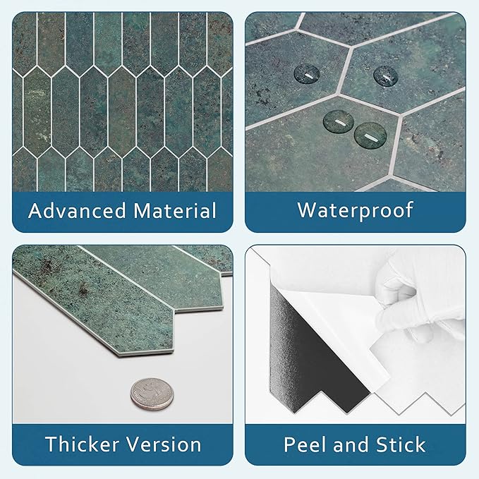 SUNWINGS Backsplash Tile for Kitchen Peel and Stick, Stone Composite Self Adhesive Tiles Faux Marble Pattern Long Hexagon Mosaic Wall Tile for Kitchen, 12 Inch x 11.22 Inch 10 Sheets Green