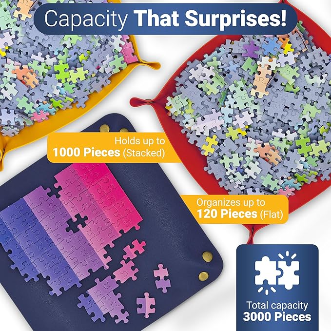 Puzzle Sorting Trays - 3X Large Puzzle Organizer for Sorting 1000 Pieces up to 3000 Pieces, Stackable Jigsaw Accessories for Adults in Red, Yellow and Blue