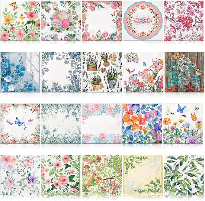Crtiin 20 Pack Assorted Floral Napkins for Decoupage Toilet Napkins Flower Cocktail Decorative Paper for Birthday Party Beautiful Gorgeous, 20 Styles Each 6.5 inches(Style 6)