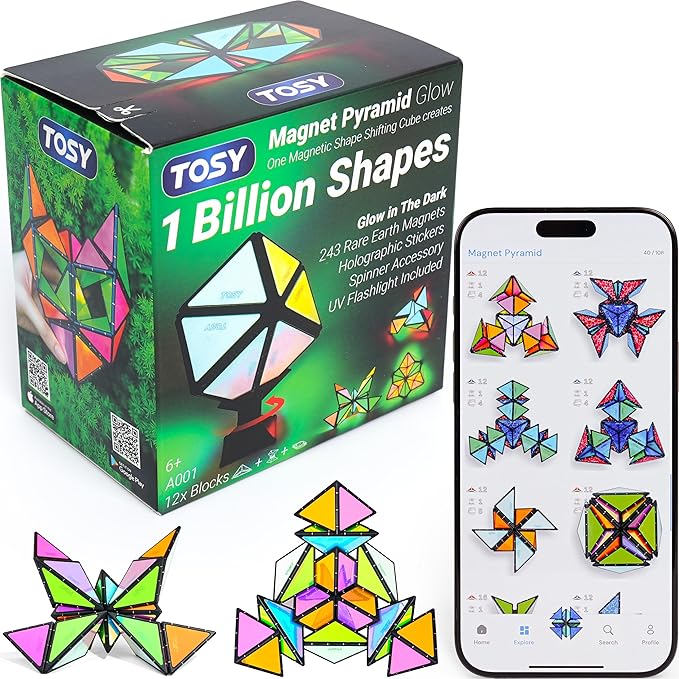 TOSY Magnet Pyramid Glow - 1 Cube Transforms into 1 Billion Shapes, 12 Pieces, 243 Rare Earth Magnets, Glowing, Holographic Design Magnet Tiles Creative Puzzle STEM/STEAM Toy