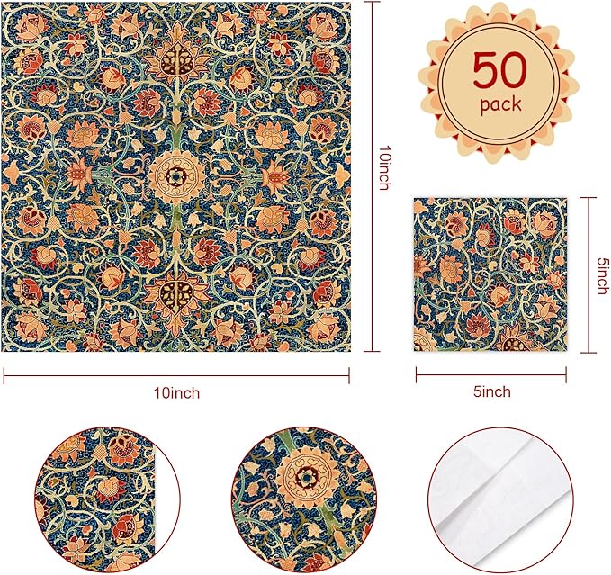 Quera 50 Pack William Morris Cocktail Napkins Vintage Floral Blue Paper Napkins Disposable Dessert Dinner Baby Shower Party Supplies Napkins Decorative -5 X 5 Inches