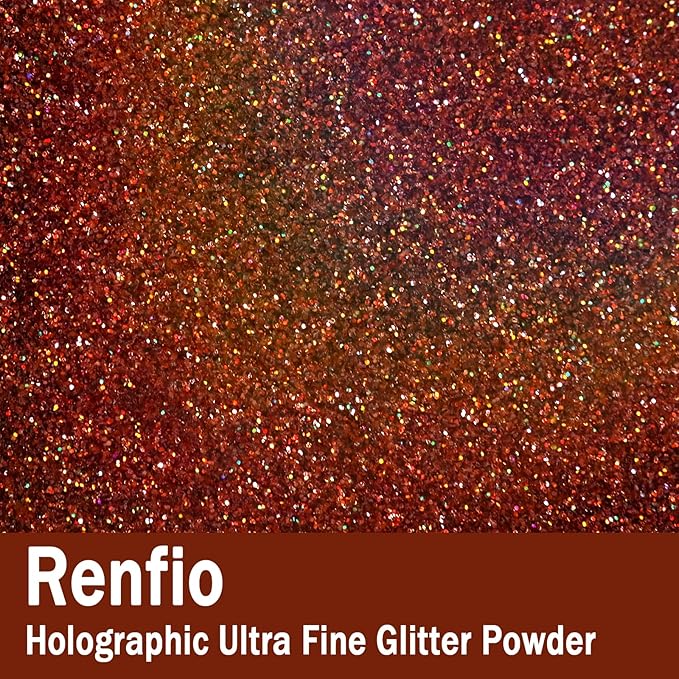 Renfio Holographic Ultra Fine Glitter Powder Metallic Resin Glitter 2.11 Oz (60g) PET Flakes Crafts Sequins 1/128" 0.008" 0.2mm Epoxy Chips Flakes for Tumblers Slime - Laser Orange