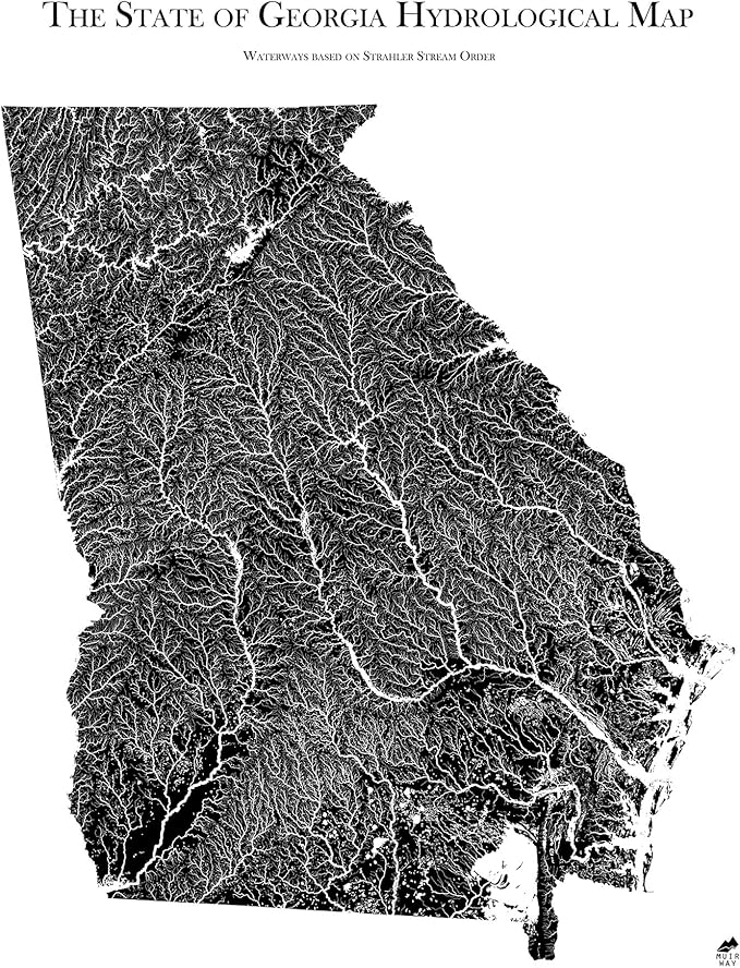 Muir Way Hydrological River Map of Georgia - Watershed Topographic Wall Art for Home, Office, or Travel Decor - Unframed Flat Paper Print, 18x24