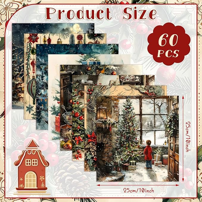 Ganeen 60 Pcs 10 x 10 Inch Vintage Christmas Quilting Fabric Squares Nutcracker Santa Claus Fabric Bundle Retro Reindeer Fat Patchwork Precut Stripe for Winter Xmas Handmade Material Sewing DIY Craft