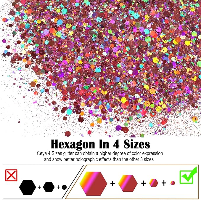 Ceya Holographic Chunky Glitter, 4.9oz/ 140g Pink Mauve Craft Glitter Powder Mixed Fine Flakes Iridescent Nail Sequins for Roses Nail Art, Hair, Epoxy Resin, Tumblers, Slime, Painting, Festival Decor