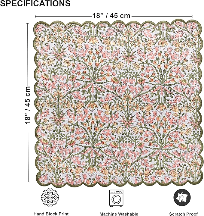Ridhi Sassy Salmon Pink Hand Block Print Napkins 18" x 18" Set of 4 Reusable Cotton Dinner Napkins for Weddings, Parties & Everyday Dining, Thanksgiving, Christmas, Fall