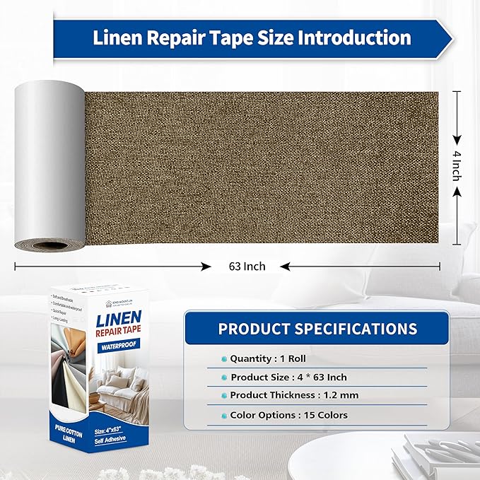 KING MOUNTAIN Linen Repair Patches, Self-Adhesive Linen Fabric Patches, 4 X 63 inch Extra Size, Multi Color, Can be Used for Linen Sofa Repair and Linen Clothes Repair (Dark Brown2.0)