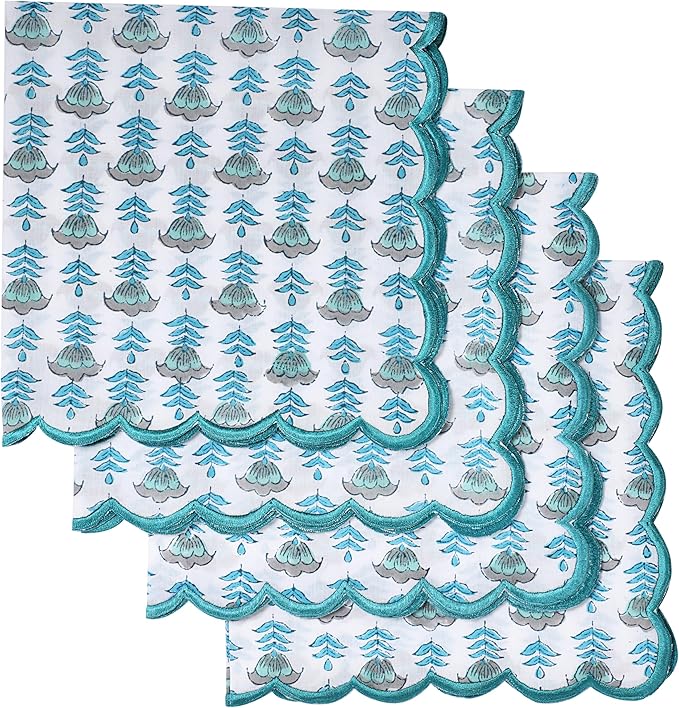 Ridhi Aquamarine Blue Hand Block Print Napkins 18" x 18" Set of 4 Reusable Cotton Dinner Napkins for Weddings, Parties & Everyday Dining, Thanksgiving, Christmas, Fall