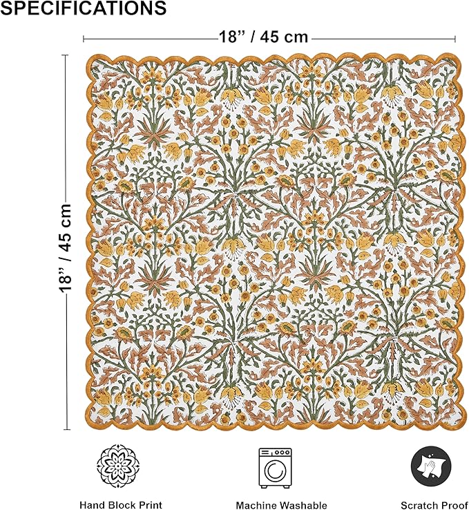 Ridhi Goldenrod Yellow Fern Green Hand Block Print Napkins 18" x 18" Set of 4 Reusable Cotton Dinner Napkins for Weddings, Parties & Everyday Dining, Thanksgiving, Christmas, Fall