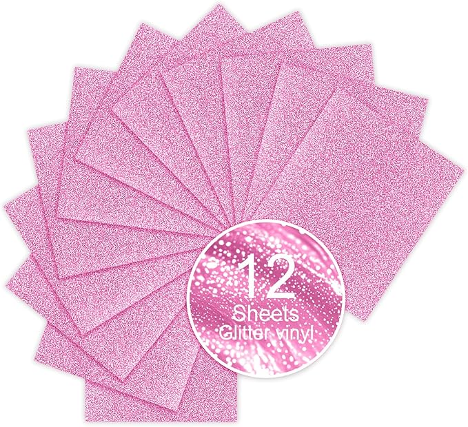 Pink Glitter HTV Sparkly Heat Transfer Vinyl – 12 Pcs 12x10Inch Iron-On Vinyl Sheets for T‑Shirts & DIY Craft Gifts, Easy to Cut & Weed, No‑Flake & Washable, Work with All Cutter Machines