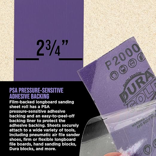 Dura-Gold Premium 2000 Grit PSA Purple Film Ceramic Longboard Sandpaper, 2-3/4" Wide Continuous 20 Yard Roll - Self Adhesive Stickyback for Auto & Wood Air File Long Board Sanders, Hand Sanding Blocks