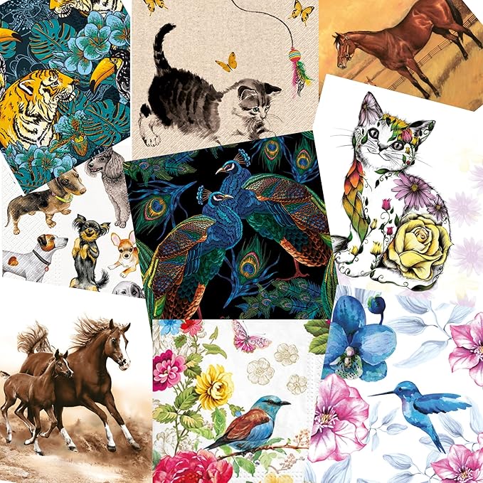 Mystery Pack Decoupage Paper Napkins, 20-ct Assorted Surprise Napkins, Decorative Napkins for Art Craft Junk Journal, Scrapbooking, 20 Different Animals Designs